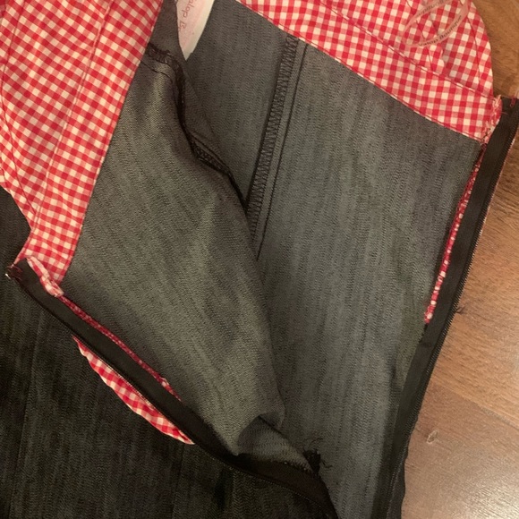 Womens One Piece Jean Romper With Red And White Gingham Ruffle size small - Picture 6 of 11